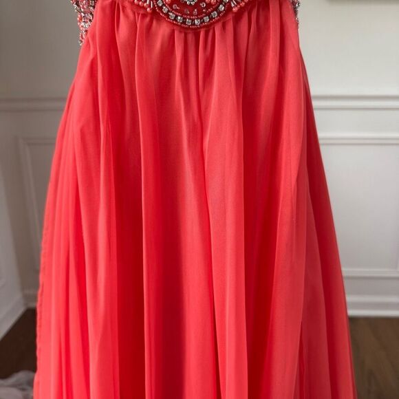 Sherri Hill Sweetheart Strapless Beaded Coral Formal Gown Prom Pagent Dress 0972 - Picture 9 of 10